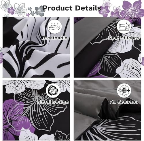 Luxudecor Floral Comforter Set Full Size, 7 Pieces Bed in a Bag Purple Floral Comforter and Sheet Set, Soft Microfiber Complete Bedding Sets for All Seasons