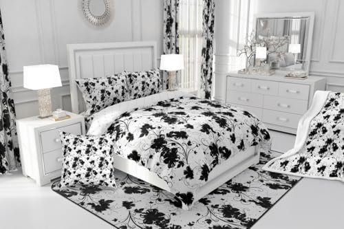 jejeloiu Black Flower Comforter Set Queen Size Kids Floral Bedding Set for Boys Girls Teens Botanical Duvet Breathable Minimalist Aesthetics Quilt Bedroom Decor,1 Comforter with 2 Pillowcase