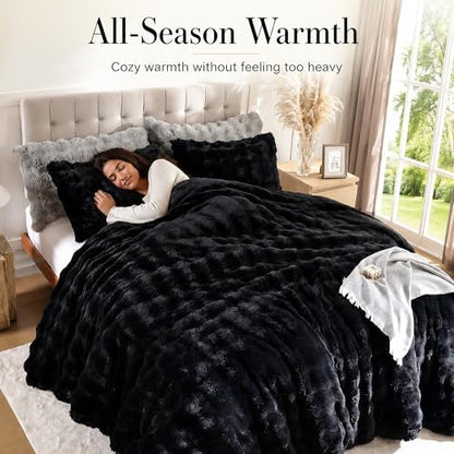 YIKUSH Queen Faux Fur Soft Comforter Set, Fluffy Black Rabbit Fur Comforter