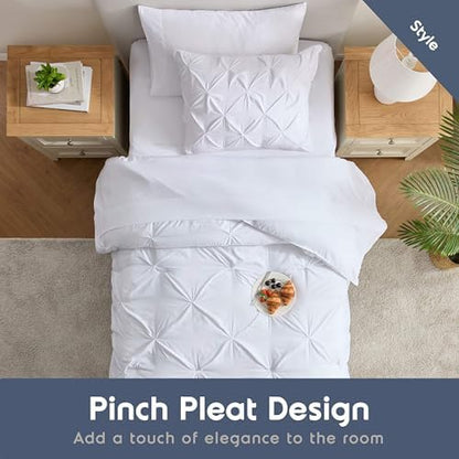 Nestl 7 Piece Twin XL Comforter Set – White Pinch Pleated Bed in a Bag – Complete Twin XL Size Bedding Set with Sheets, Set of 2 Cooling Pillows, Pillowcase and Sham
