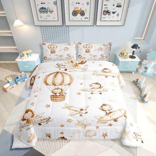 Erosebridal Kids Airplane Comforter Set Toddler, Cartoon Aircraft Bedding Set, Hot Air Balloon Star Cloud Comforter, Cute Monkey Lion Wildlife Quilt for Boys Girls Teens Adults Bedroom