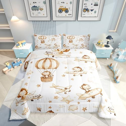 Erosebridal Kids Airplane Comforter Set Toddler, Cartoon Aircraft Bedding Set, Hot Air Balloon Star Cloud Comforter, Cute Monkey Lion Wildlife Quilt for Boys Girls Teens Adults Bedroom
