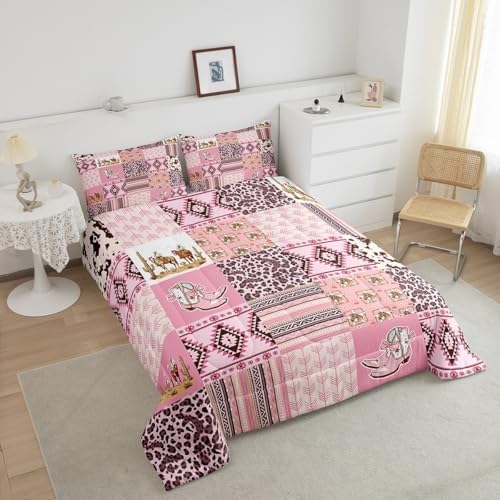 Feelyou Pink Aztec Bedding Set Queen Size, Kids Western Decor Comforter Set Wild West Cowboy Cowgirl Comforter Boho Style Duvet Insert Bed Set 3Pcs