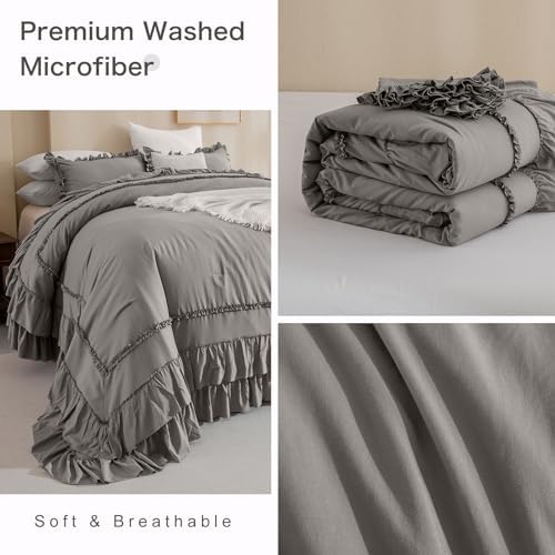 Masaca Grey Oversized King Comforter 120x120,Farmhouse Shabby Boho Chic Gray Ruffled California King Comforter Oversized,Vintage French Country Bedding Comforter with Ruffles for All Season