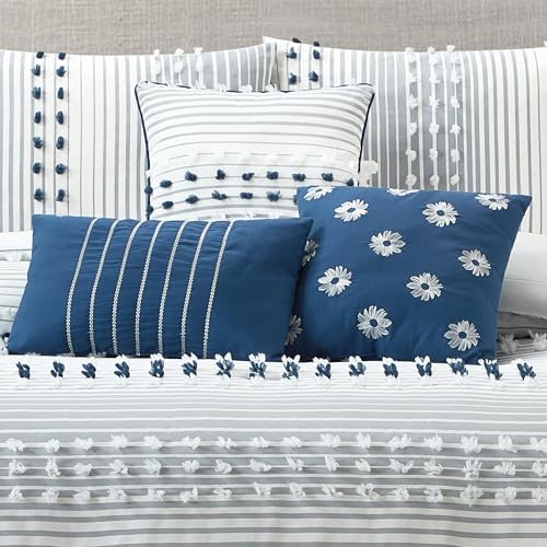 LANCO MODERN LIFESTYLE California King Comforter Set, Blue, Jacquard Clip Striped Design, Elegant Soft 7 Pieces Bedding Set for All Seasons, Matching Bedskirt, Pillow Shams and Decor Pillows