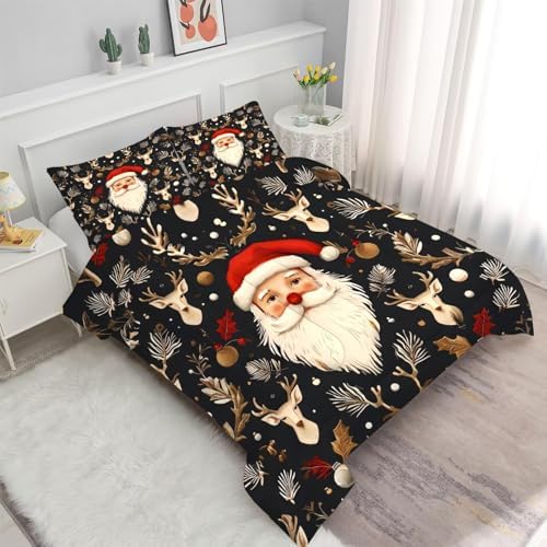 Black Christmas Bedding Set Santa Claus Comforter Full/Queen Size for Kids Girls Women Xmas Reindeer Holiday Bedroom Quilt Bed Sets, 1 Comforter 2 Pillowcases