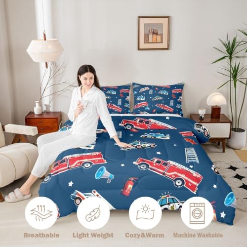 Feelyou Fire Truck Comforter Set King Size Police Car Bedding Set for Kids Boys Girls Ambulance Cartoon Car Duvet Quilt Bedroom Decor Microfiber 3 Pcs with 2 Pillow Cases
