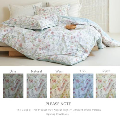 Twin Comforter Set 2 Pieces, 100% Cotton Botanical Floral Bedding Set for All-Season, Soft Reversible Comforter with 1 Pillow Sham