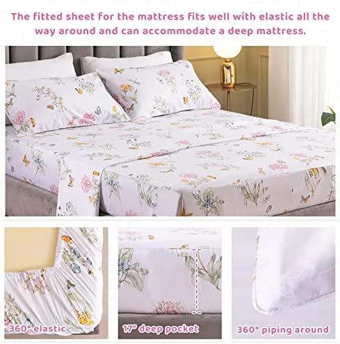 QSH Floral King Size Sheet Sets - Flower Butterfly Print Pattern Egyptian Cotton Printed Bedding Sheets 4pcs Extra Soft and Breathable 17.5" Extra Deep Pocket King Size Sheets