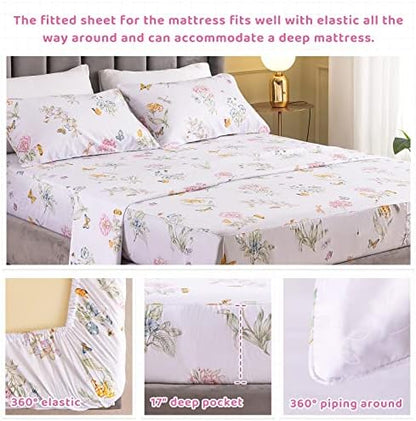 QSH Floral King Size Sheet Sets - Flower Butterfly Print Pattern Egyptian Cotton Printed Bedding Sheets 4pcs Extra Soft and Breathable 17.5" Extra Deep Pocket King Size Sheets