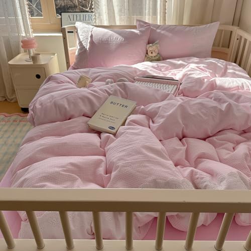 mixinni Pink Gingham Duvet Cover Twin Size - 3 Piece Cottagecore Plaid Bedding Set with Lace Trim, Soft Washed Microfiber Vintage Aesthetic Grid Comforter Cover & Pillow Shams, (Pink White Gingham)