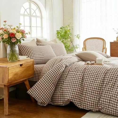 Gingham Duvet Cover Set 3 Piece 100% Washed Cotton Linen Feel Modern Plaid Checkered Bedding Comfy Breathable (Brown/White Gingham, Full)