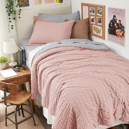 HYMOKEGE Rose Gold/Light Grey Twin XL Comforter Set Seersucker 5 Pieces, All Season Luxury Bed in a Bag for Bedroom, Bedding Set with Comforter, Sheets, Pillowcase & Sham