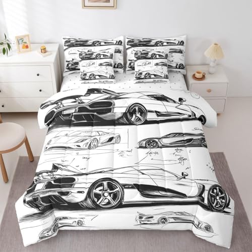 Feelyou Black White Race Car King Comforter Set with Sheets for Kids Boys Girls Extreme Sports 7 Pieces Bedding Set Speed Sports Car Bed in a Bag Room Decor Soft Lightweight Microfiber