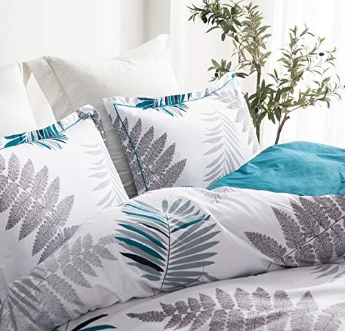 SLEEPBELLA Comforter King Size, 600 Thread Count Cotton Blue Floral with Khaki & Grey Leaves Pattern White Reversible Comforter Set,Down Alternative Bedding Set 3Pcs(King, Blue Botanical)