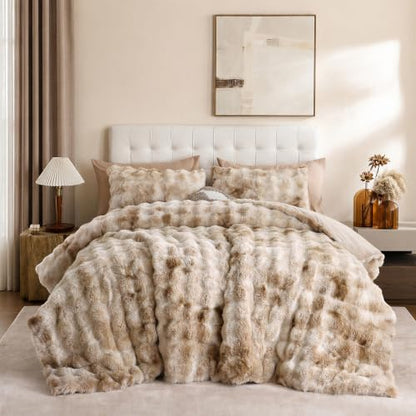 YIKUSH Full Faux Fur Soft Comforter Set, Fluffy Bedding Set, Tiedye Beige