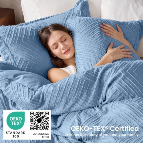 JOLLYVOGUE King Comforter Set, Boho Tufted 3-Piece Bedding Set, Dusty Blue