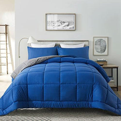 DOWNCOOL Queen Comforter Set -All Season Bedding Comforters Sets with 2 Pillow Cases-3 Pieces Bedding Sets Queen -Down Alternative Blue/Grey Queen Size Comforter Sets(88"x92")