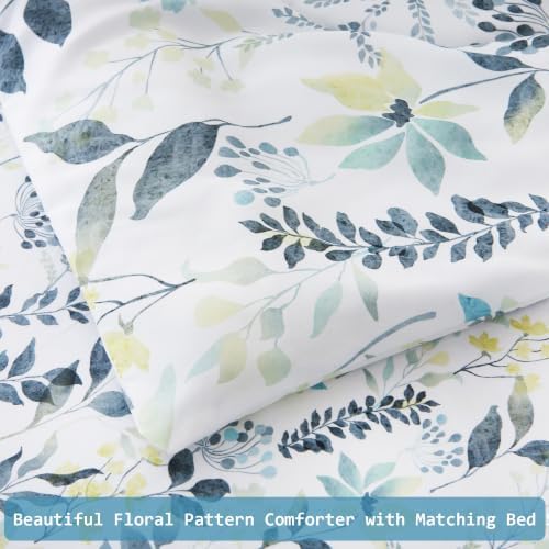 lasoftan Floral Queen Comforter Set with Sheets, 7 piece Luxury Vintage Bedding, Soft Microfiber Bed in a Bag, Cozy Lightweight Bed Set, Grey Yellow Botanical