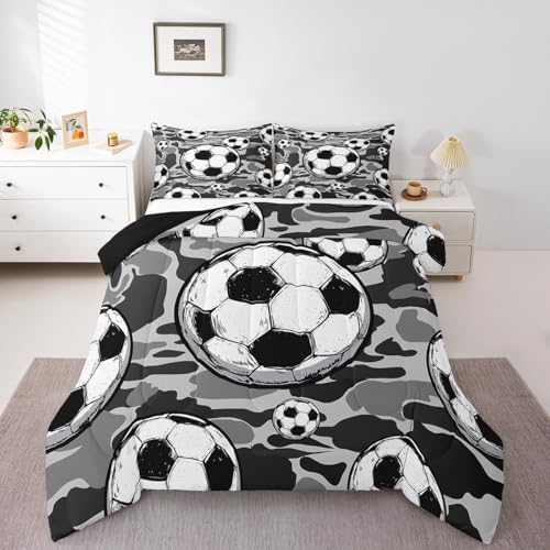 Castle Fairy Football Sports Comforter Set Queen Size for Kids Soccer American Ball Games Bedding Sets All Season Grey Camouflage Quilt Set Bedroom Decor Hexagon Geometric Down Comforter,3Pcs