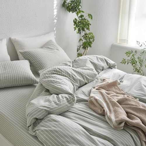 MooMee Striped Duvet Cover Set 100% Washed Cotton Linen Like Twin