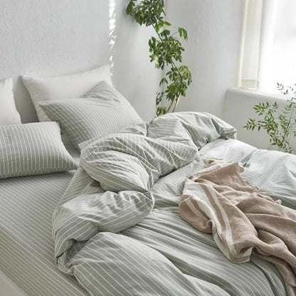 MooMee Striped Duvet Cover Set 100% Washed Cotton Linen Like Twin