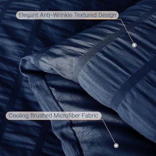 MUXHOMO 7 Pieces Oversized King Comforter Set, Seersucker Bed in a Bag Oversized King Size, All Season Luxury Bedding Set with Comforter, Flat Sheet, Fitted Sheet, Pillowcases & Shams, Navy Blue