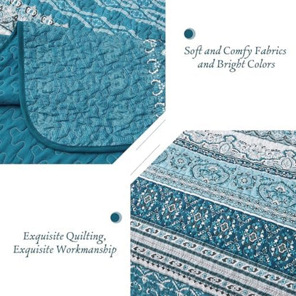WONGS BEDDING Boho Queen Quilt Bedding Set, 3 Pieces Bedspread, Blue Green