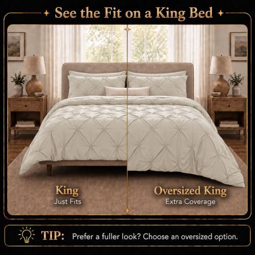 CozyLux King Size Comforter Set Beige, 7 Pieces Pintuck Bed in a Bag