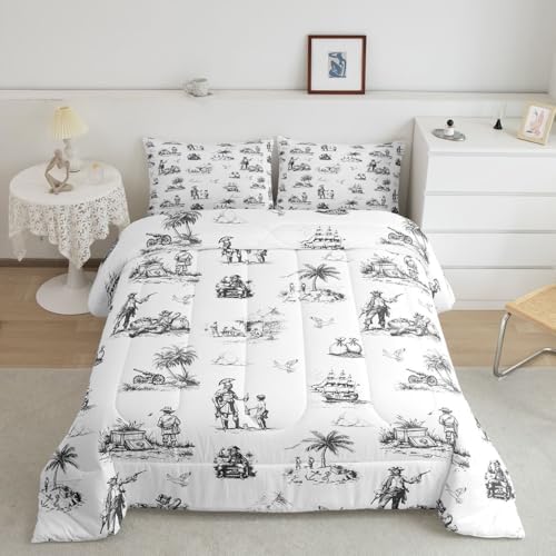 Pirate Ship Comforter Set King Size,Ocean Sailing Boat Seagull Bedding Sets 3Pcs Teens Adult Woman Men Room Decor,Tropical Coconut Tree Duvet Insert Vintage Sketch Grey Down Comforter,2 Pillowcases