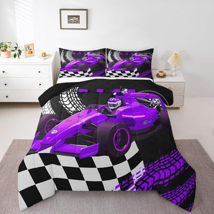 Erosebridal Go Kart Twin Comforter Set for Boys, Race Car Bed Drift Kart Toddler Bedding Sets for Boys,Black White Buffalo Checkered Comforter Set Square Grid Plaid Lattice Karting Quilt,Purple