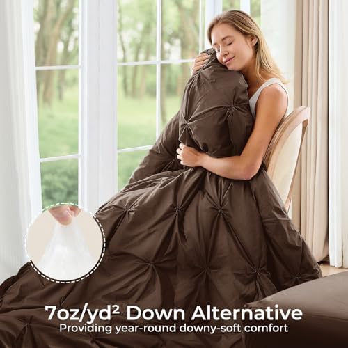 Sasttie Twin XL Comforter Set, 5-Piece Bed in a Bag, Pintuck Bedding Sets for All Season, Includes Comforter, Flat Sheet, Fitted Sheet, Pillowcase and Pillowsham, Dark Brown
