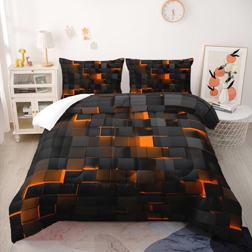 Nttopship Geometric Yellow Black Comforter Set,Light Honeycomb 3 Piece Bedding Set Twin Size for Teen Boys,Modern Quilt Set Geometry Decor,Microfiber Lightweight 1 Comforter 2 Pillowcases All Season