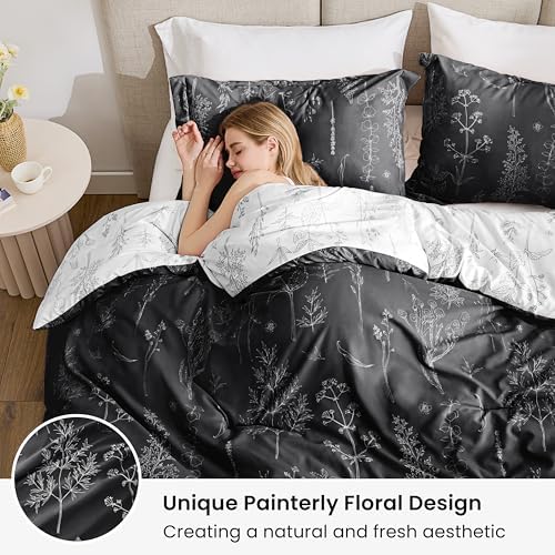 Love's cabin Black Queen Comforter Set - Queen Size Comforter Set, 3 Pieces Cute Floral Bedding Sets for All Seasons,1 Soft Reversible Botanical Flowers Comforter and 2 Pillow Shams