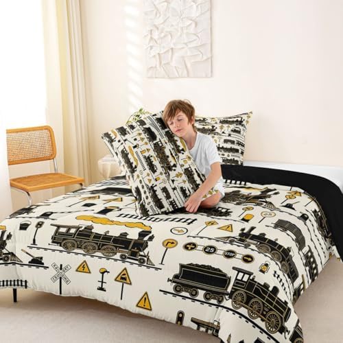 Erosebridal Cartoon Steam Train Kids Comforter Sets Funny Train Queen Bedding Set for Boys Girls Retro Transport Vehicle Comforter Set Steampunk Railway Aesthetic Quilt Duvet 3 Pcs