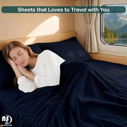 NON Sticky cotton RV Short Queen 4 Piece Sheet Set, 100% Long Staple Cotton, Soft Cooling Hotel Luxury Bedding Sheets, Deep Pocket Fits 15" Mattress, 60" x 75", Navy Blue Stripe