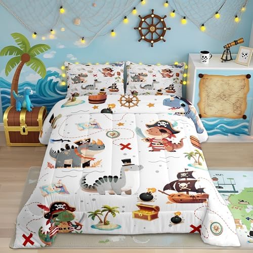 Homewish Pirate Dinosaur Kids Comforter Set Toddler Size for Boys,Sea Nautical Map Theme Bedding Set 2Pcs,Child Teens Bedroom Decor,Cartoon Animals Quilt Set Ocean Adventure Duvet Insert,1 Pillowcase
