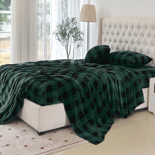 Elegant Comfort Luxuriously Soft 4-Piece Velvet Plush Flannel Sheet Set - Premium Quality -Cozy Warm, Anti-Static, Non Pilling Fuzzy Velvet Flannel Fleece Deep Pocket Sheet Set- King, Buffalo Green