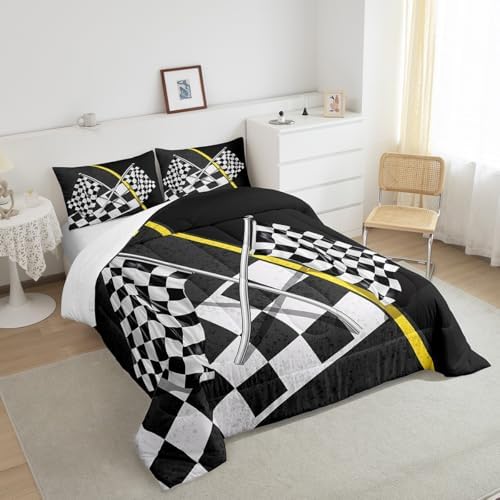 Manfei Race Car Flag Comforter Set King Size, Black White Checkered Flag Bedding Set 3pcs for Kids Boys Girls, Racing Game Sport Theme Quilt Set Abstract Plaid Duvet Set with 2 Pillowcases
