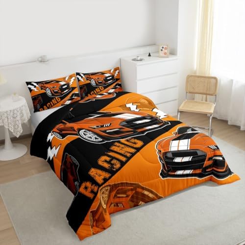 Erosebridal Orange Race Car Bedding Set for Boys Sports Car Comforter Set Queen,Race Car Bedroom Decor for Boys Girls Kids Racing Car Comforter Set Cool Race Cars Gamer Bedding Sets 3Pcs