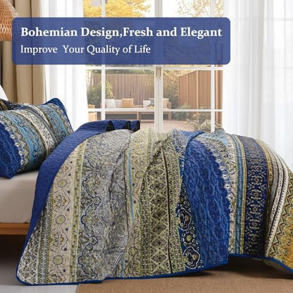 WONGS BEDDING Boho Quilt King Size,3 Pcs Bedspread Set, Blue Brown