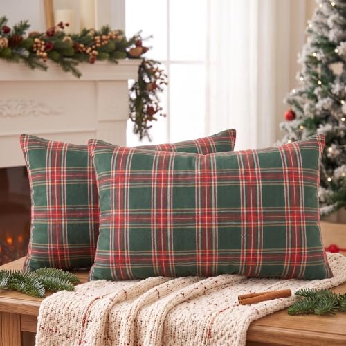 AVOIN colorlife Christmas Green Red Plaid Decorative Throw Pillow Covers, 12 x 20 Inch Holiday Scottish Tartan Cushion Case Farmhouse Decoration for Sofa Couch Set of 2