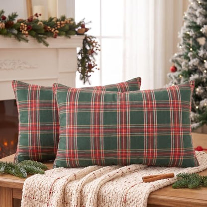 AVOIN colorlife Christmas Green Red Plaid Decorative Throw Pillow Covers, 12 x 20 Inch Holiday Scottish Tartan Cushion Case Farmhouse Decoration for Sofa Couch Set of 2