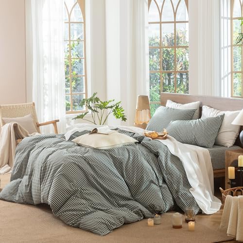 MooMee Gingham Duvet Cover Set 100% Washed Cotton Linen Like