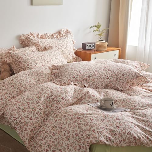 Girls Duvet Cover Pink Red Flower Duvet Cover 100% Cotton Floral Comforter Cover Vintage Boho Floral Bedding Set Queen Botanical Cottagecore Comforter Cover Queen Duvet Cover with Ruffle Pillowcases
