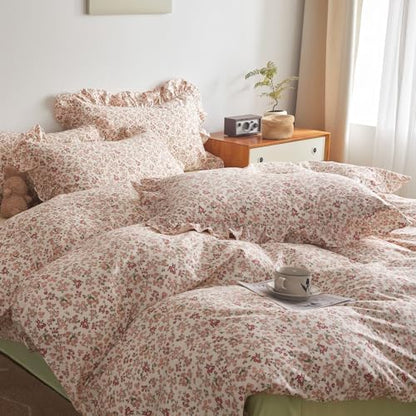 Girls Duvet Cover Pink Red Flower Duvet Cover 100% Cotton Floral Comforter Cover Vintage Boho Floral Bedding Set Queen Botanical Cottagecore Comforter Cover Queen Duvet Cover with Ruffle Pillowcases