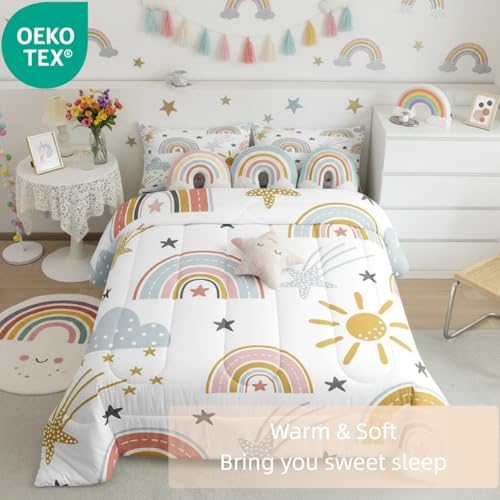 Erosebridal Girls Rainbow Bedding Set, Sun and Stars Comforter Set Full for Kids Boys Children Cartoon Cloud Bedding Comforters Girly Soft Microfiber Machine Washable Duvet Insert for Bedroom Decor