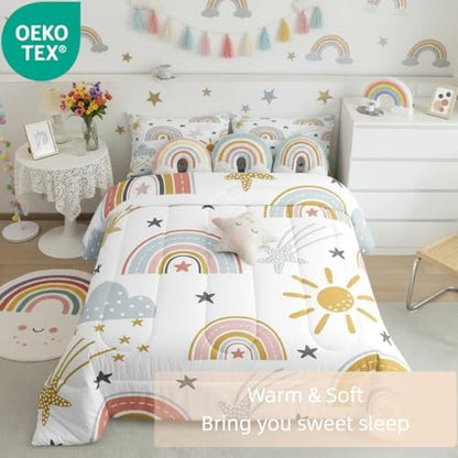 Erosebridal Girls Rainbow Bedding Set, Sun and Stars Comforter Set Queen for Kids Boys Children Cartoon Cloud Bedding Comforters Girly Soft Microfiber Machine Washable Duvet Insert for Bedroom Decor