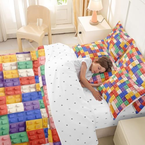 Feelyou Building Block Print 7 Piece Bedding Set King Size Kids Brick Styles Comforter Set with Sheets for Boys Teens Colorful Gaming Bed in a Bag Green Red Yellow Blue Room Decor