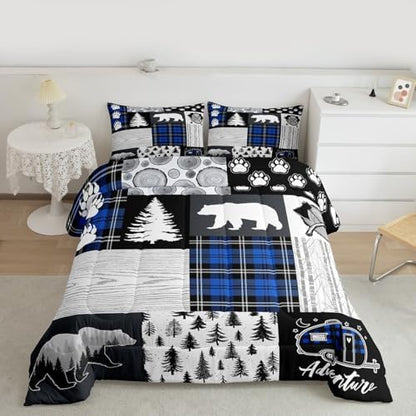 Bear Paws Comforter Set Queen Size,Pine Trees Geometric Plaids Patchwork Bedding Set for Kids Boys Girls Adults Room Decor,Hunting Adventure Down Comforter,Blue Rustic Duvet Insert,2 Pillowcases